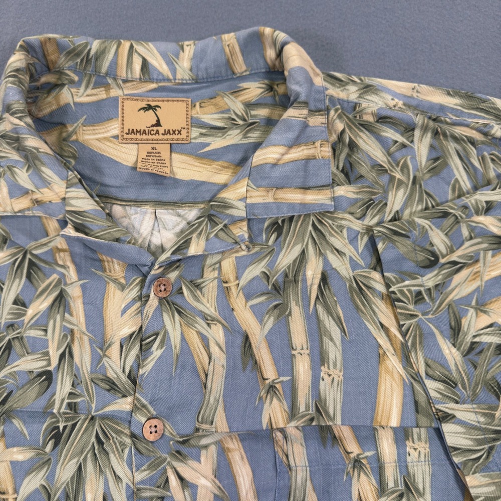 Jamaica Jaxx Mens‎ XL Silk Bamboo Print Herringbone Camp Shirt Blue 3034